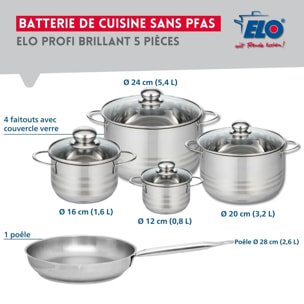 Ensemble de 1 Poêle de cuisson 28 cm et 4 faitouts 12, 16, 20 et 24 cm Elo Profi Brillant