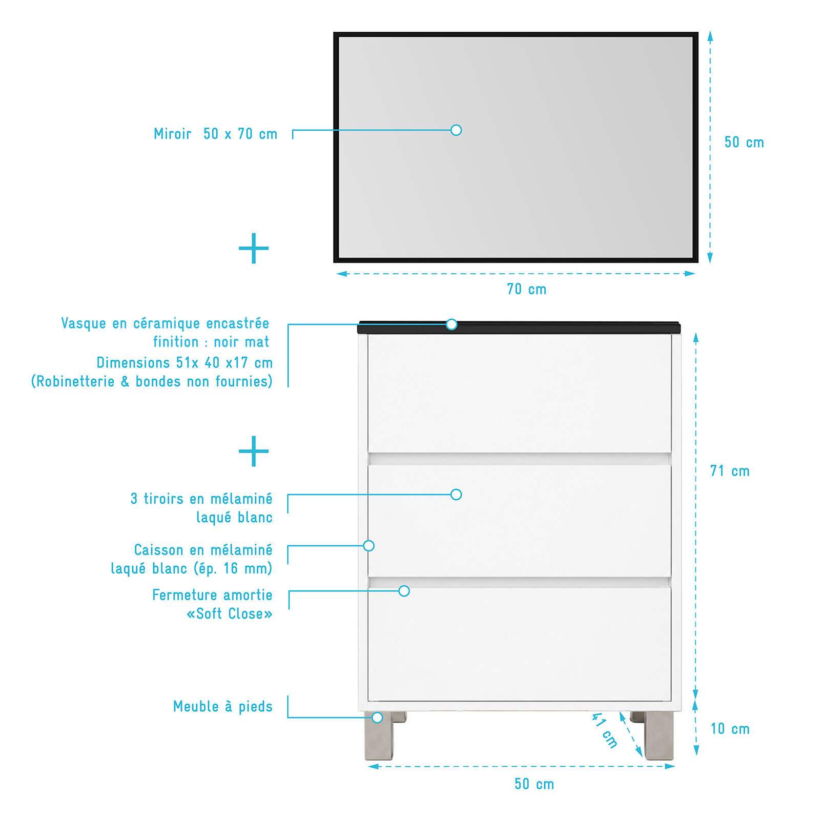 Meuble de Salle de Bains 50cm 3 tiroirs Blanc, Vasque Noire et Miroir Cadre Noir 50x70 - XENOS