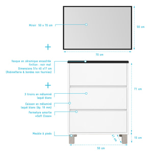Meuble de Salle de Bains 50cm 3 tiroirs Blanc, Vasque Noire et Miroir Cadre Noir 50x70 - XENOS