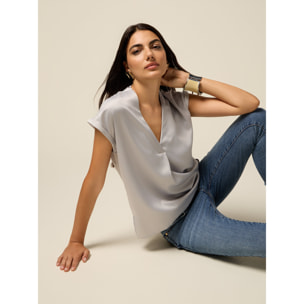 Oltre - T-shirt bimaterica con scollo a V - Grigio