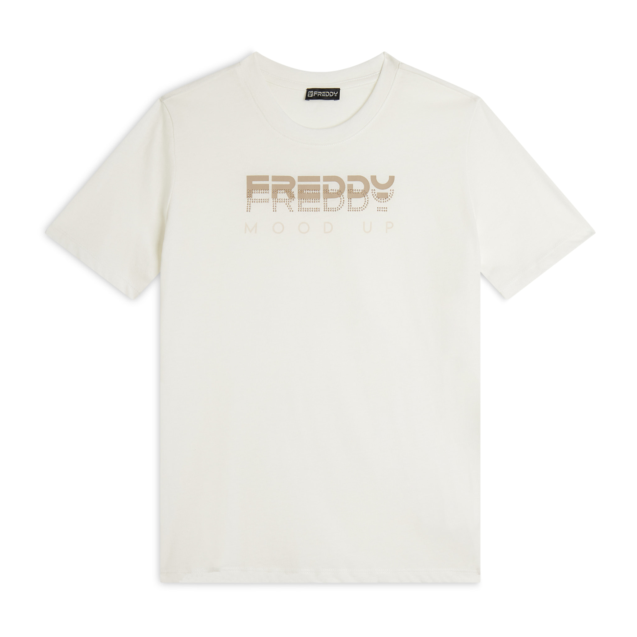 T-shirt girocollo con grafica dorata e perline