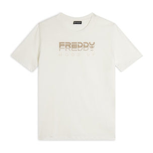 T-shirt girocollo con grafica dorata e perline