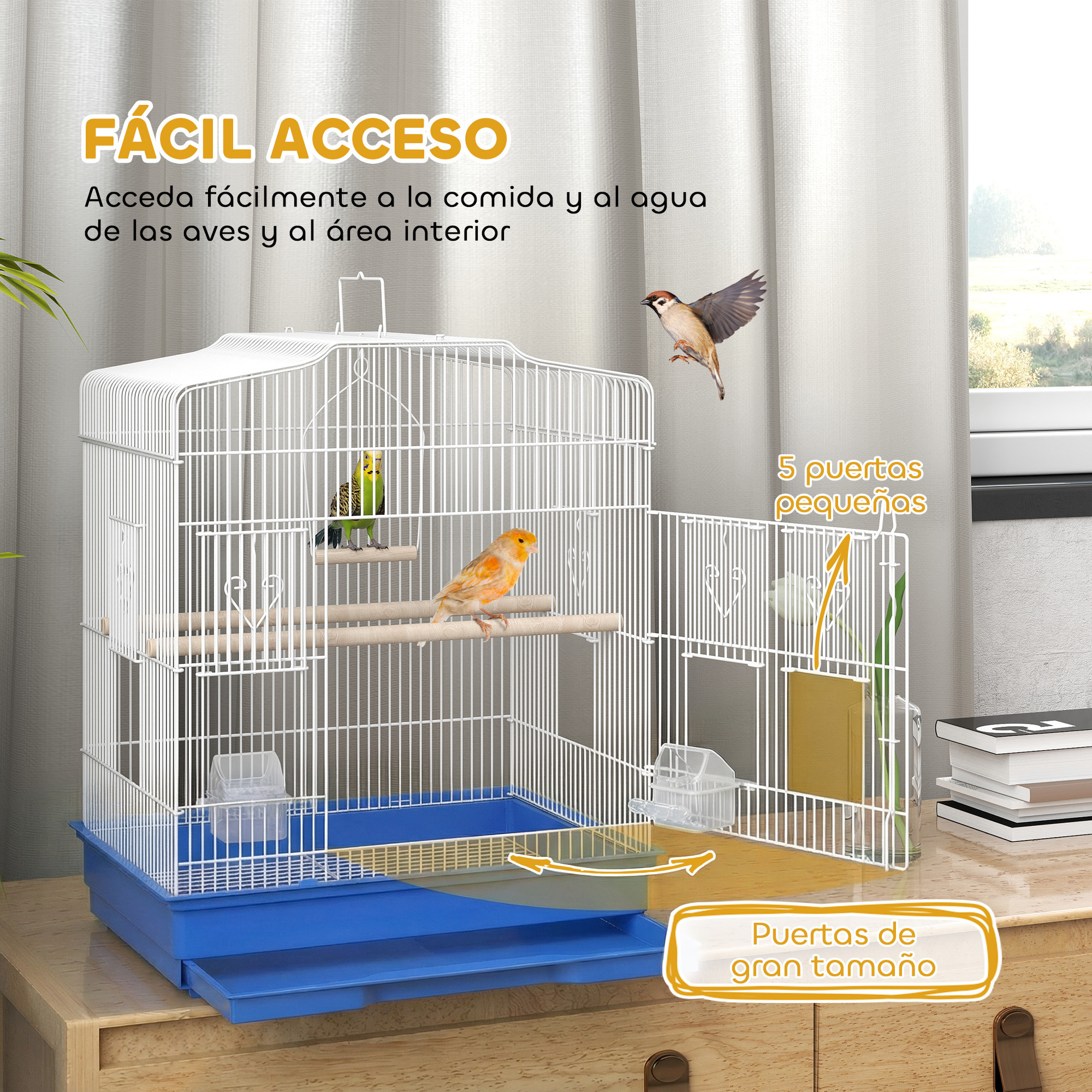 Jaula para Pájaros, Jaula de Acero para Pájaros con Puertas, 2 Comederos, 2 Perchas, Columpio, Bandeja Extraíble y Asa de Transporte, para Loro, Canario, Periquito, 46,5x36x59 cm, Azul