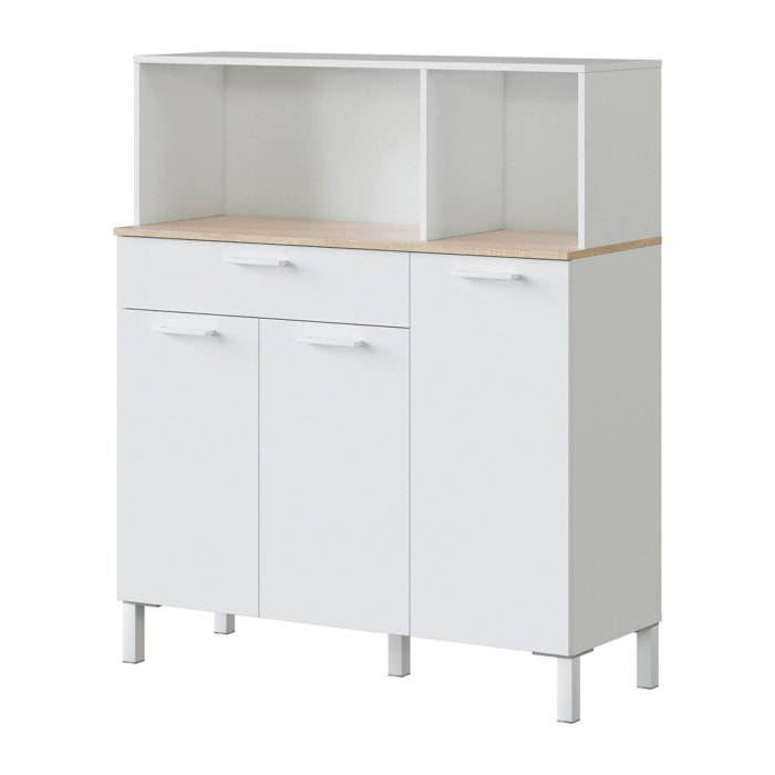 Armadio multiuso Norfolk, Mobile ausiliario da cucina, Credenza a 3 ante e 1 cassetto con ripiani, Armadio aperto, cm 108x40h126, Bianco e Rovere