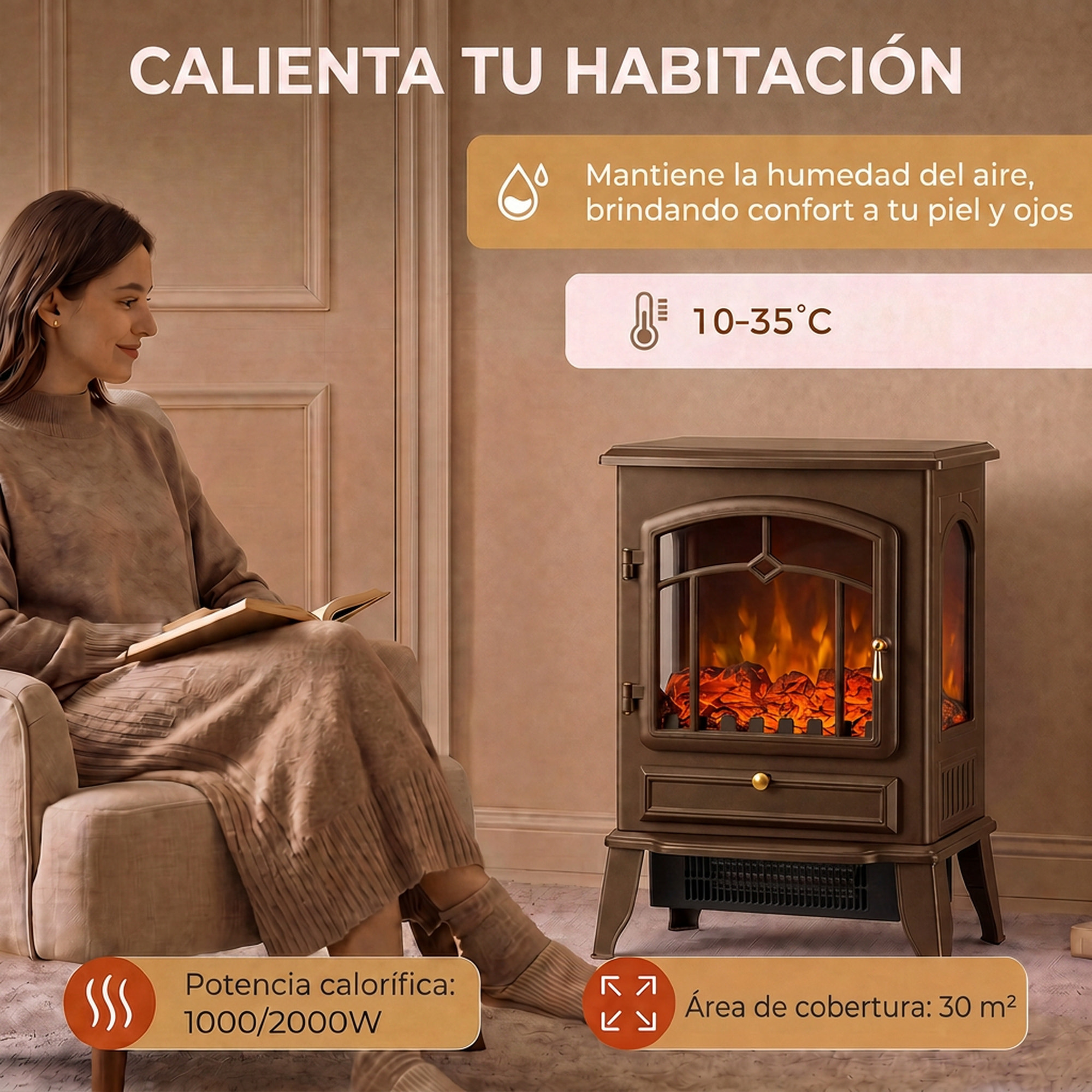 Chimenea Eléctrica de Pie, 1000W/2000W, Chimenea Eléctrica Decorativa con Efecto Llama 3D, Brillo Ajustable, Termostato y Protección contra Sobrecalentamiento, para 30㎡, Marrón