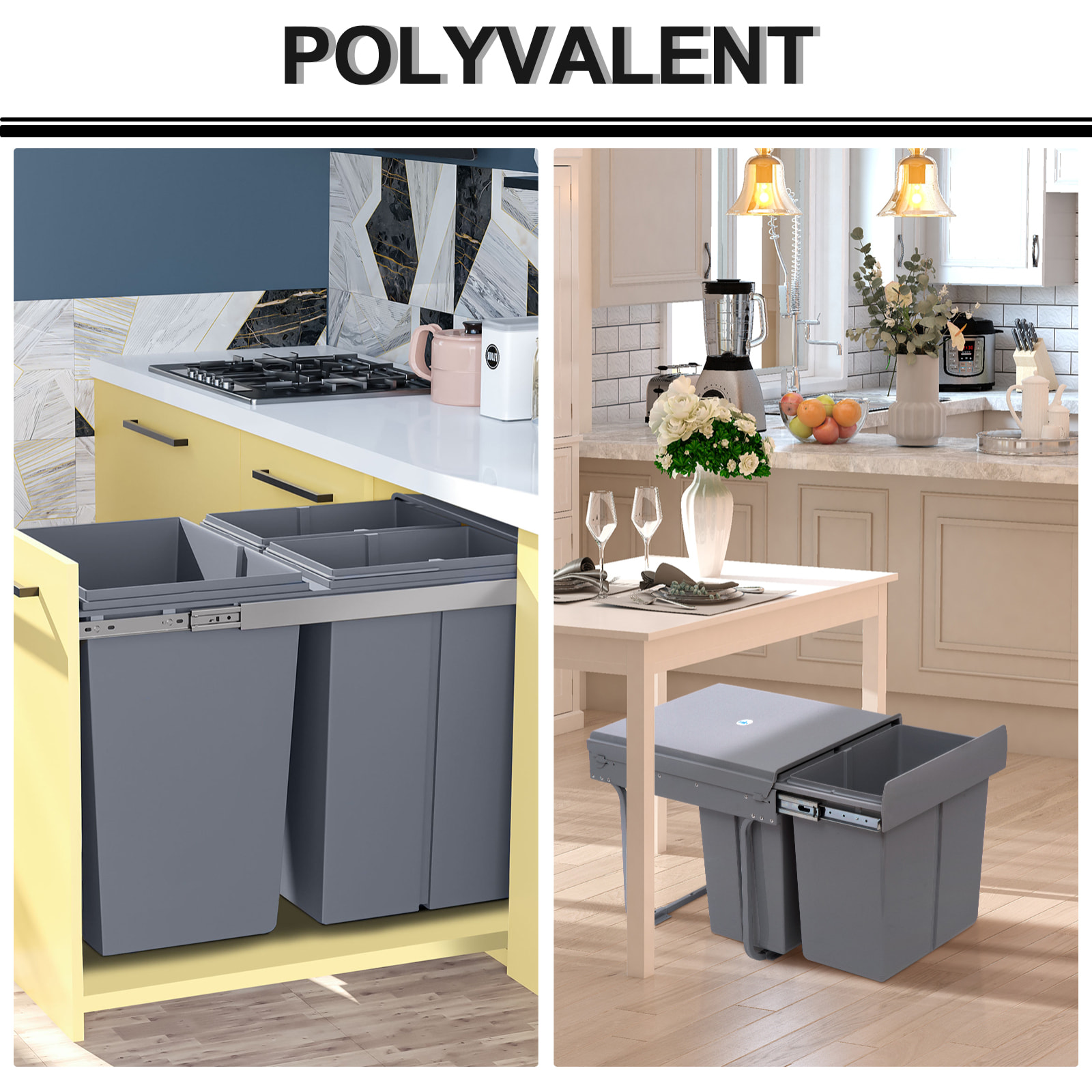 Poubelle de tri coulissante - 3 bacs amovibles avec poignée - 2 x 10L et 1 x 20L - métal PP gris