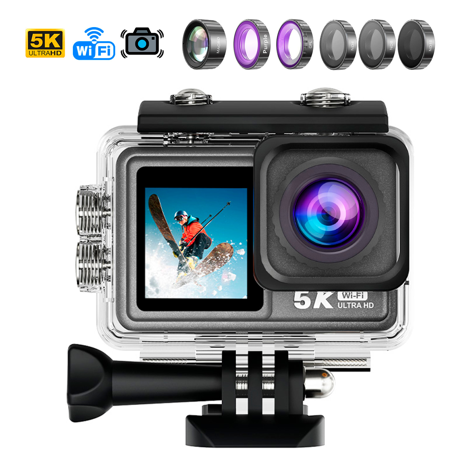 Camera Sportiva M81 TR 5k 30fps con 50 mpx, doppio schermo da 2" e 1.3" con moltissimi accessori sportivi e WIFI.