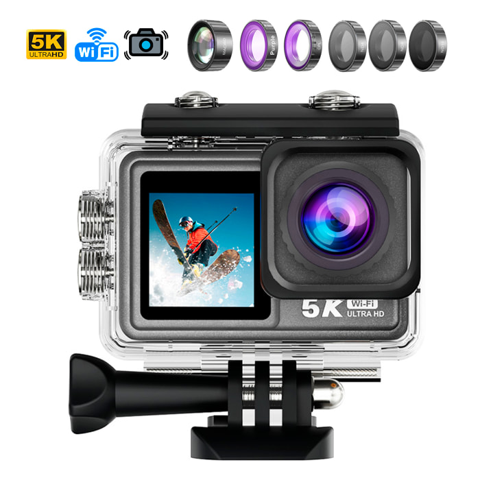 Camera Sportiva M81 TR 5k 30fps con 50 mpx, doppio schermo da 2" e 1.3" con moltissimi accessori sportivi e WIFI.