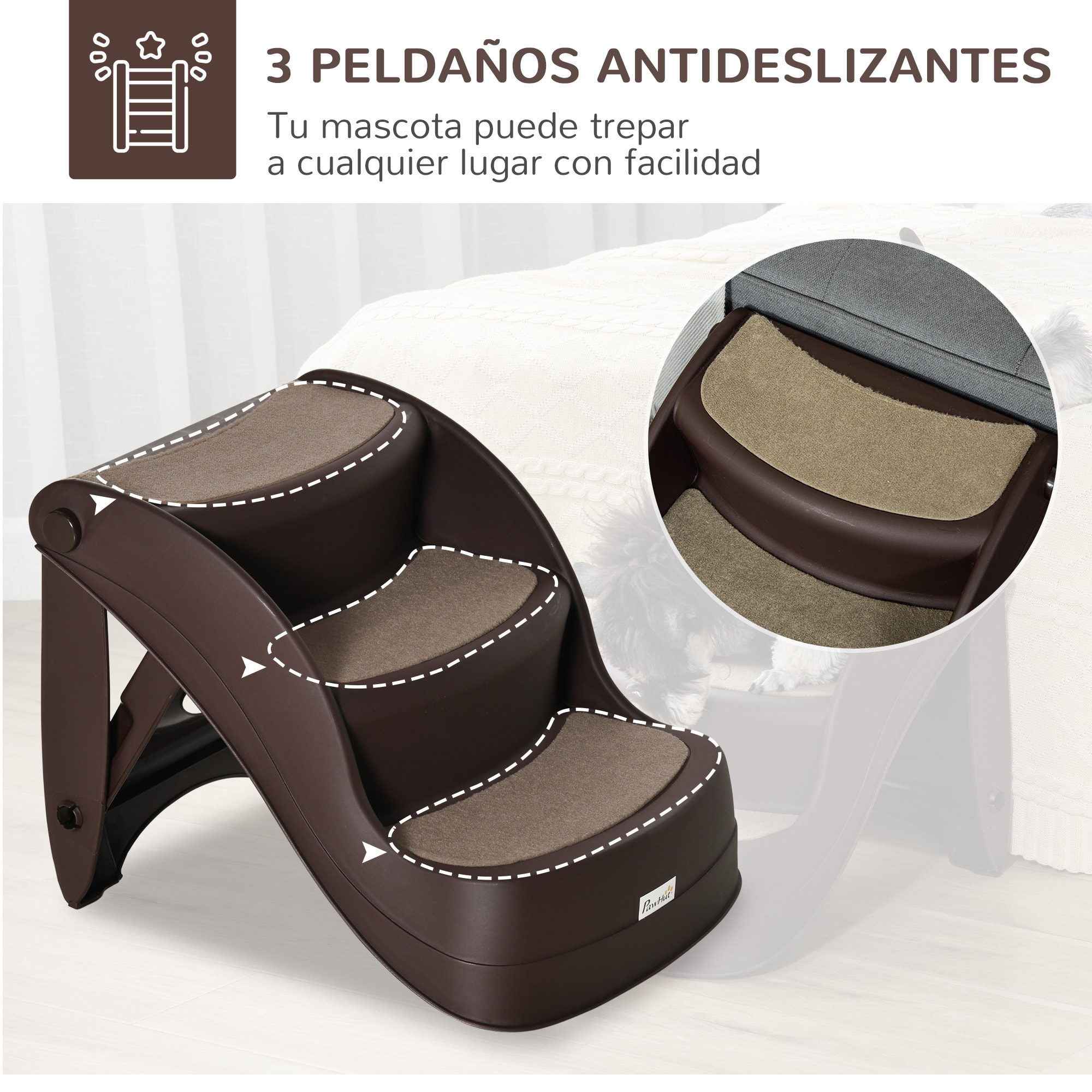 Escalera para Perros de 3 Peldaños Plegable Escalón de Plástica para Mascotas con Alfombras Antideslizantes para Cama Sofá Carga 15 kg 49x38x38 cm Marrón