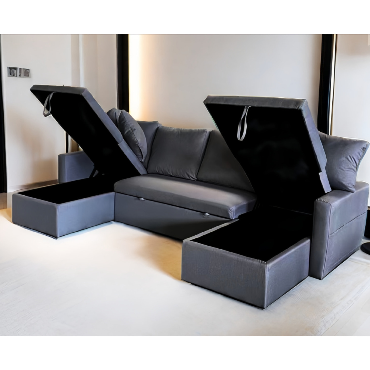 ELLA - Canapé panoramique convertible avec coffre 4 places en tissu - gris foncé