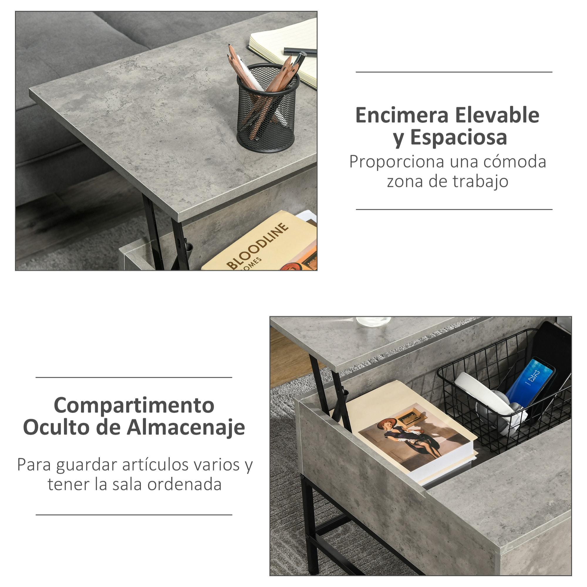 Mesa de Centro Elevable Mesa de Centro con Espacio de Almacenaje Oculto Mesa Elevable para Salón Comedor 90x60,5x45,5 cm Gris Cemento