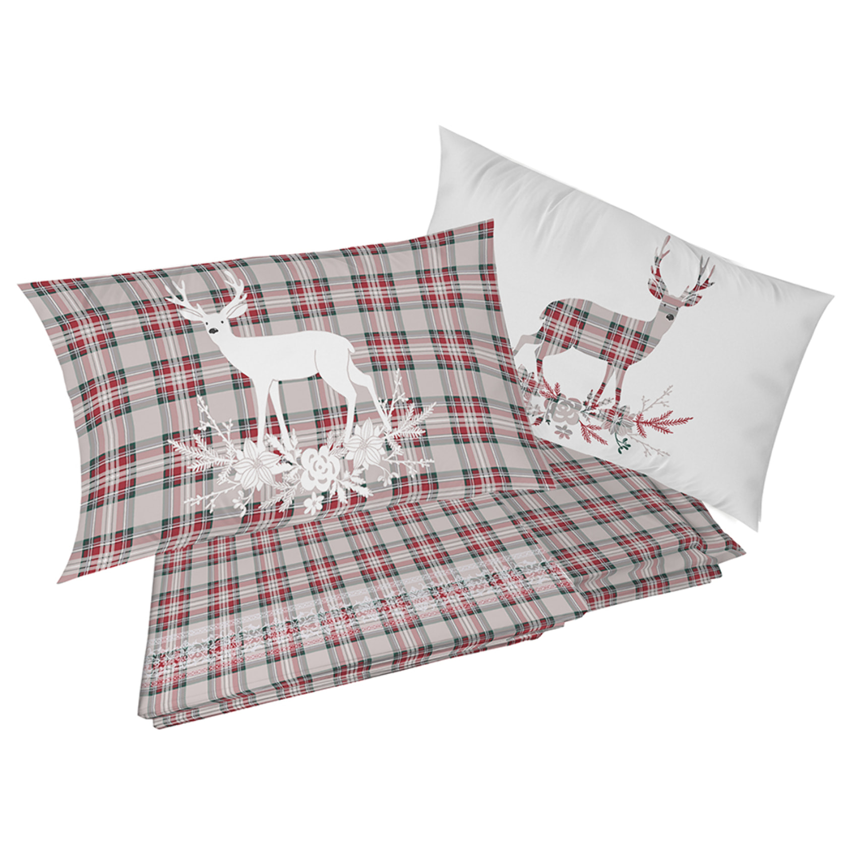 Completo letto in flanella tartan cervo rosso