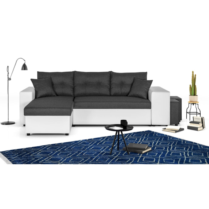 California - Canapé d'angle réversible - convertible avec coffre et étagère de rangement - en simili et tissu - Blanc / Gris