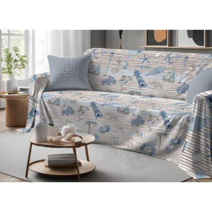 Telo Arredo Copritutto Grand Foulard Copridivano Copriletto 100% Cotone Disegno Mare Beige