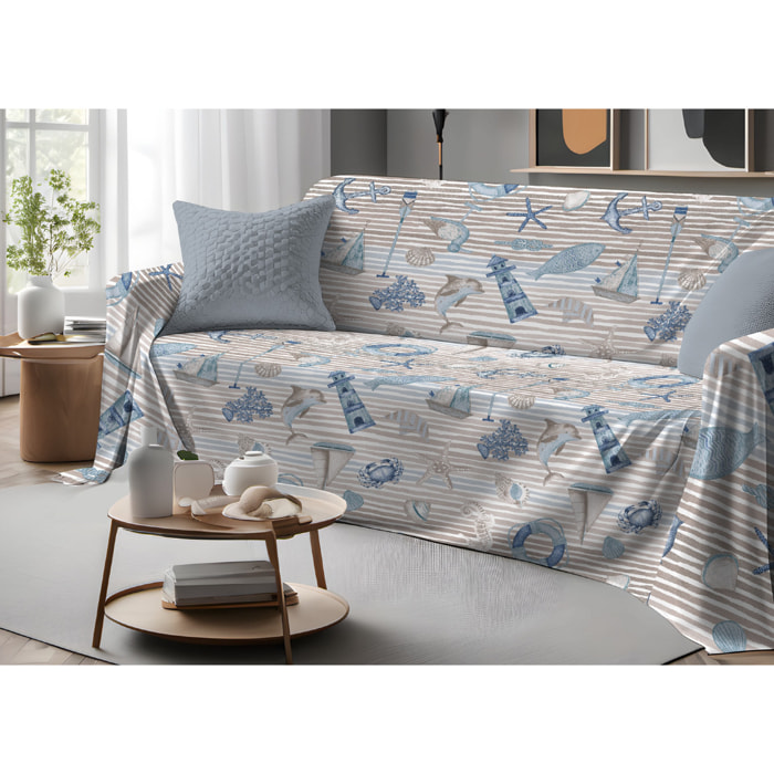 Telo Arredo Copritutto Grand Foulard Copridivano Copriletto 100% Cotone Disegno Mare Beige