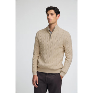 Jersey beige de punto trenzado en mezcla de lana con media cremallera y bordado Rigby Go