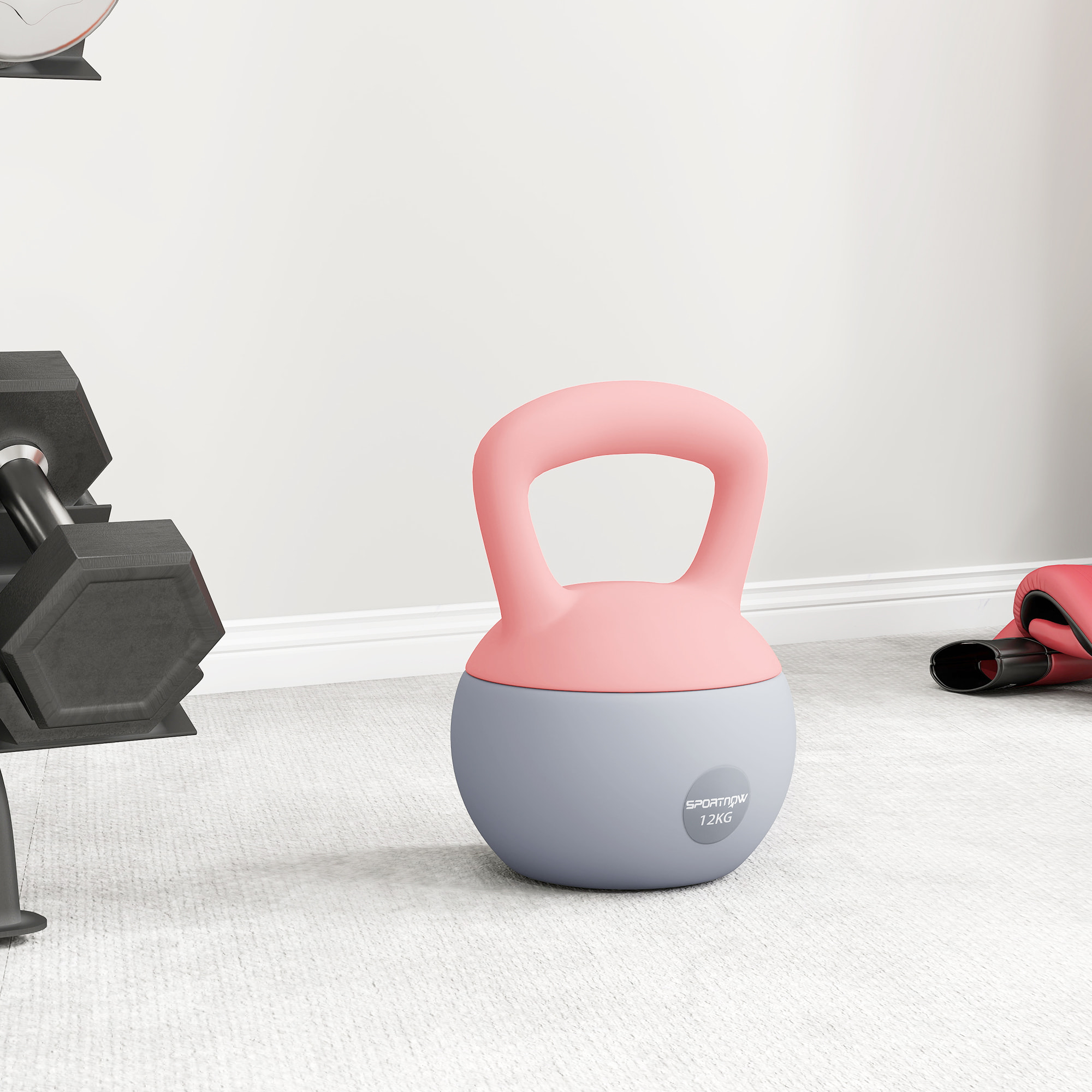 Pesa Rusa 12 kg, Soft Kettlebell Relleno de Arena Metálica y Mango Antideslizante, para Entrenamiento Culturismo en Casa, Gimnasio, Rosa Palo y Gris