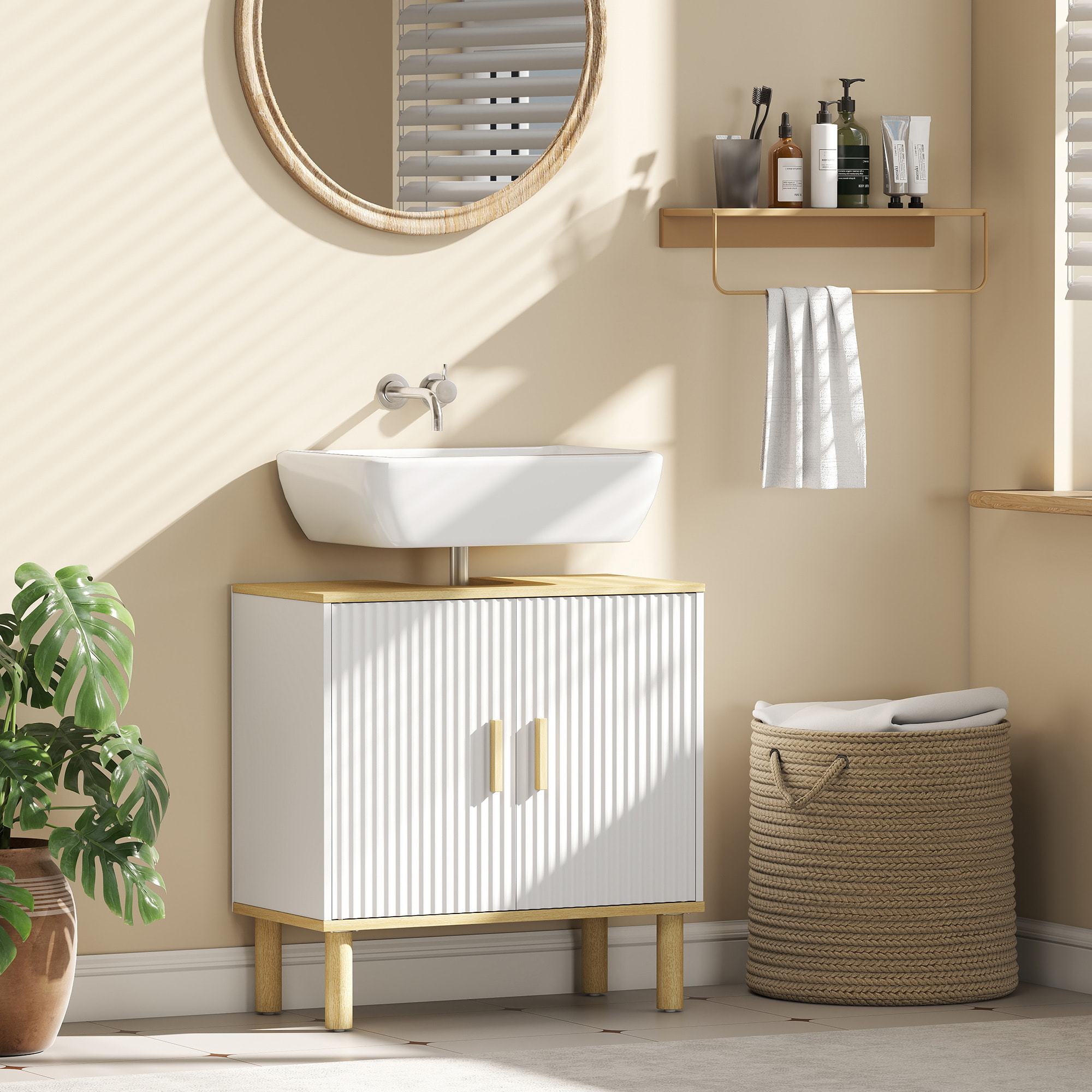 Mueble Bajo Lavabo, Mueble de Baño con Estante Ajustable, Puertas Acanaladas y Patas de Madera, para Lavabo sin Pedestal, 60x30x61 cm, Blanco