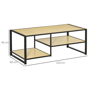 HOMCOM Mesa de Centro para Salón con 2 Estantes de Almacenamiento Mesa de Café con Marco de Acero para Sala de Estar Dormitorio Oficina 120x60x46 cm Roble