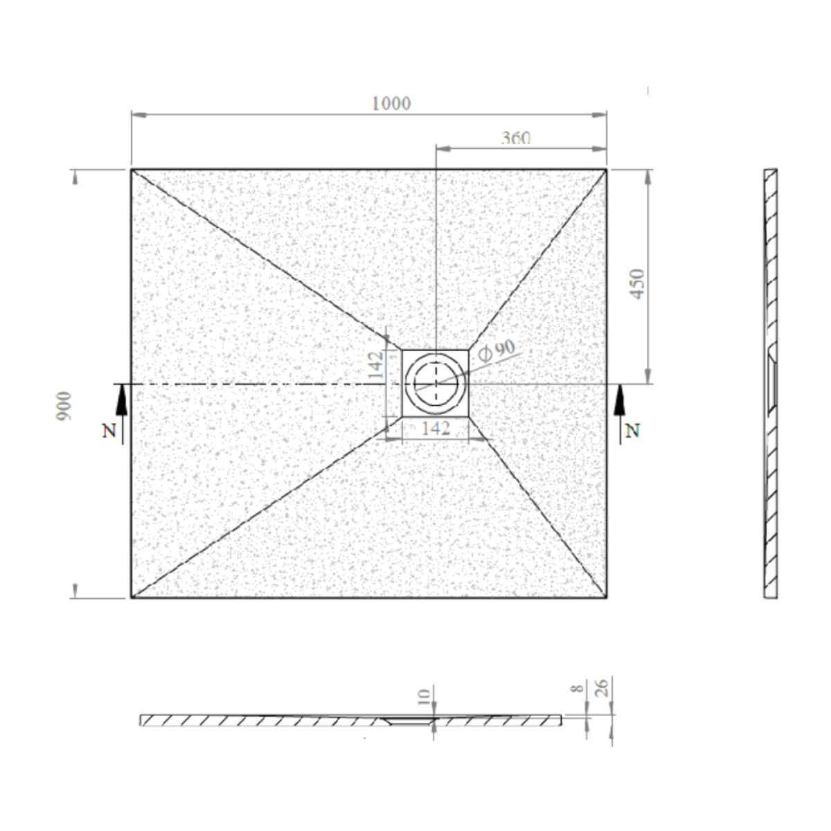 Alek Receveur de douche rectangulaire 100x90 cm avec siphon, en marbre coulé, Gris (SATALEK10090S-S)
