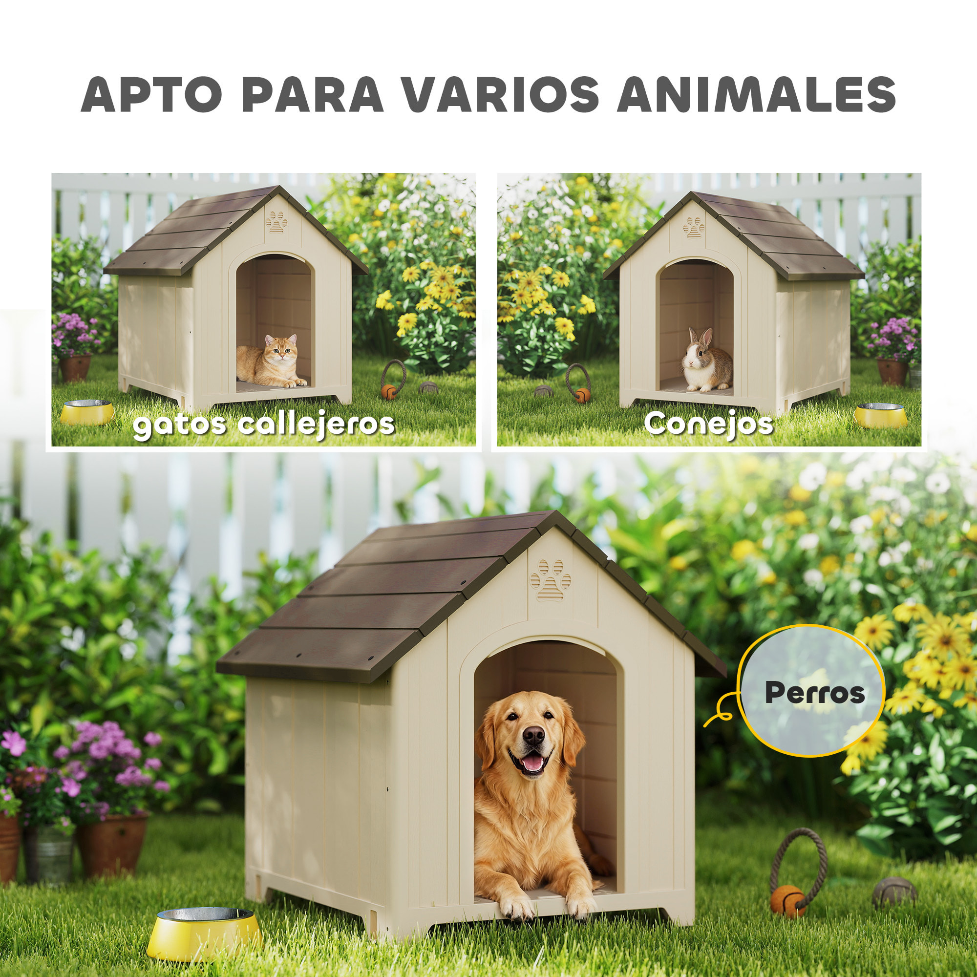 Caseta para Perros Exterior, Casa para Perros Grandes de Plástico Impermeable con 2 Ventanas, Base Elevada, Estacas, Fácil de Montar, 88x79x89 cm, Beige