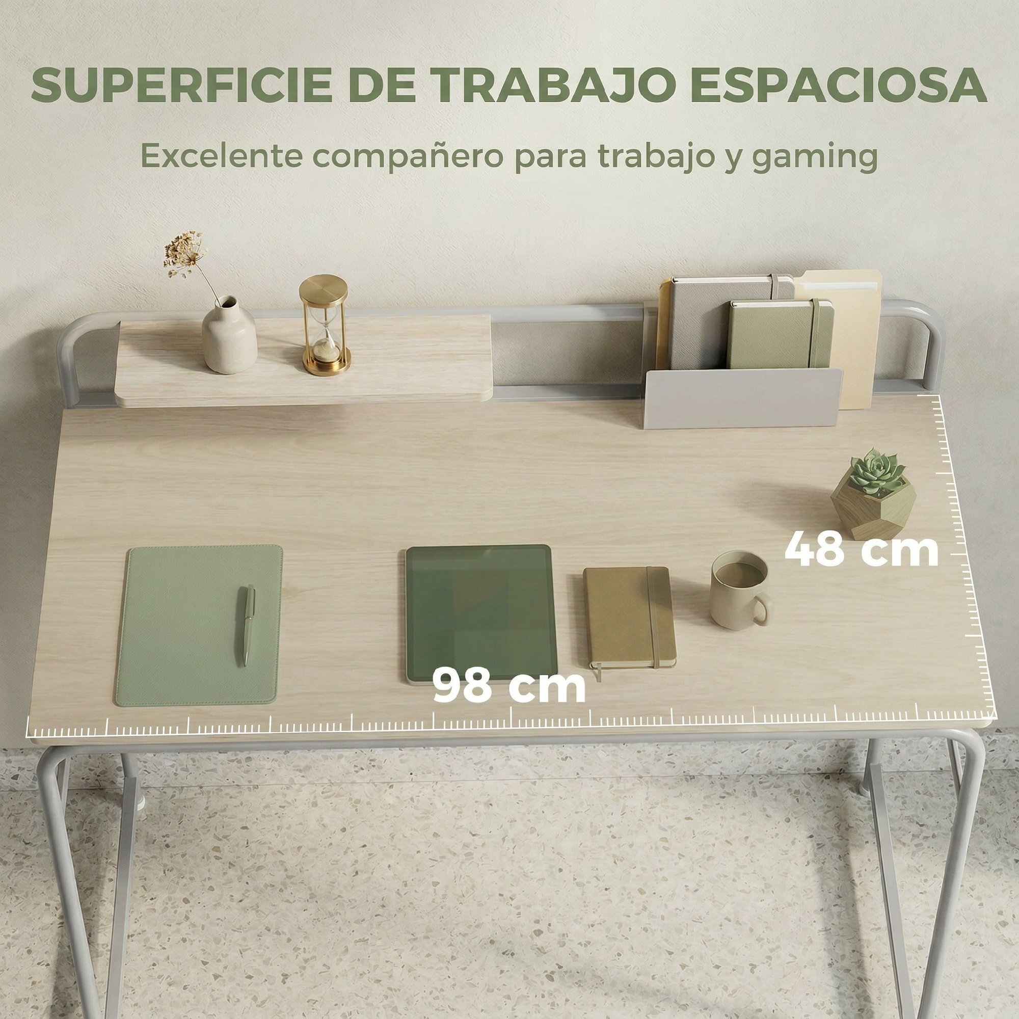 Escritorio, Mesa de Escritorio Moderno con Estante y Estructura de Metal, Fácil Montaje para Oficina en Casa, Dormitorio, Espacios Pequeños, 98x48x88,5 cm, Roble