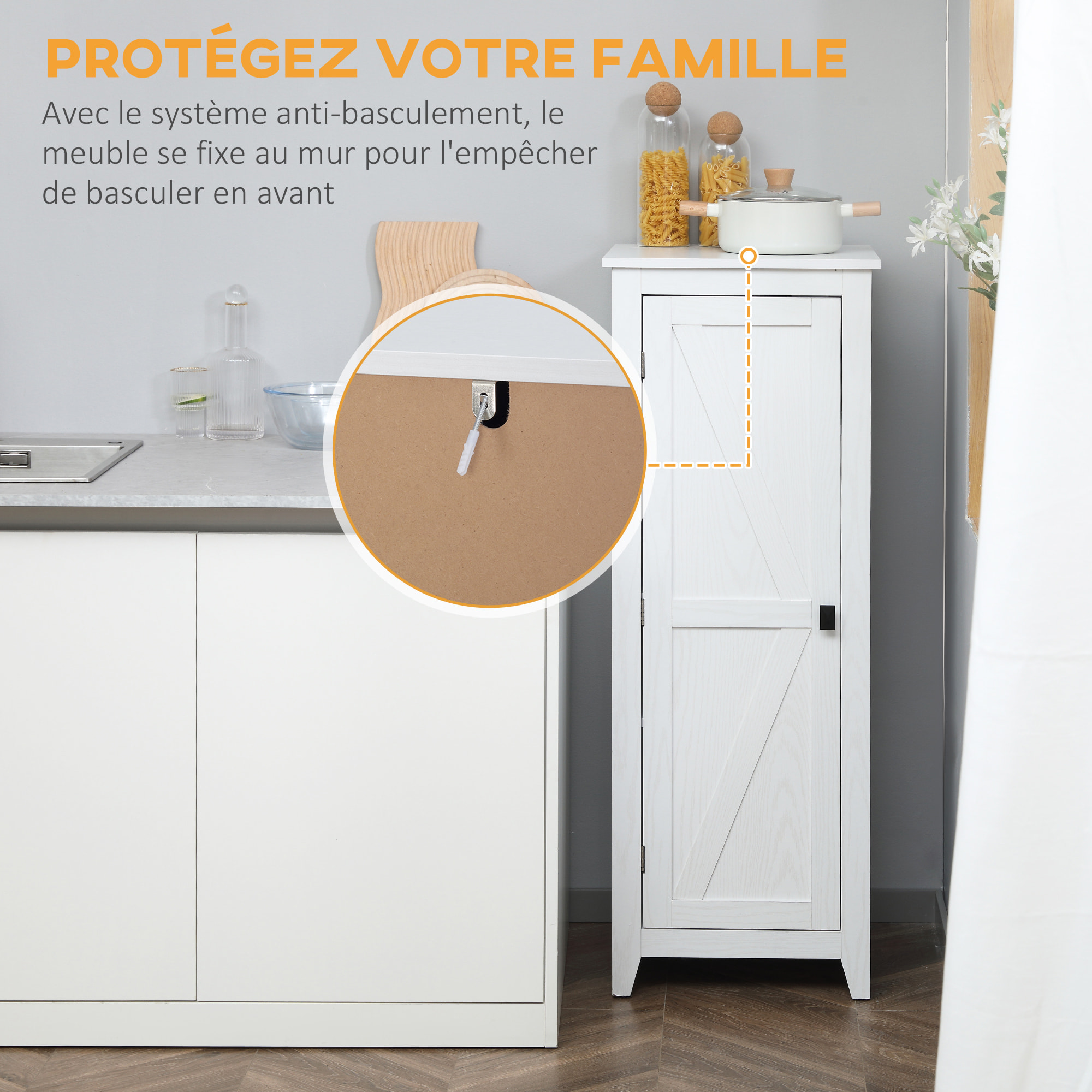 Armoire de cuisine style campagne chic porte 3 étagères réglables - dim. 43L x 40l x 121H cm - MDF blanc