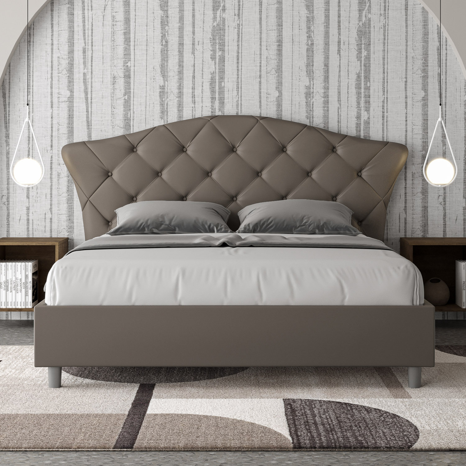 Letto senza rete imbottito 160x190 similpelle cappuccino Langre