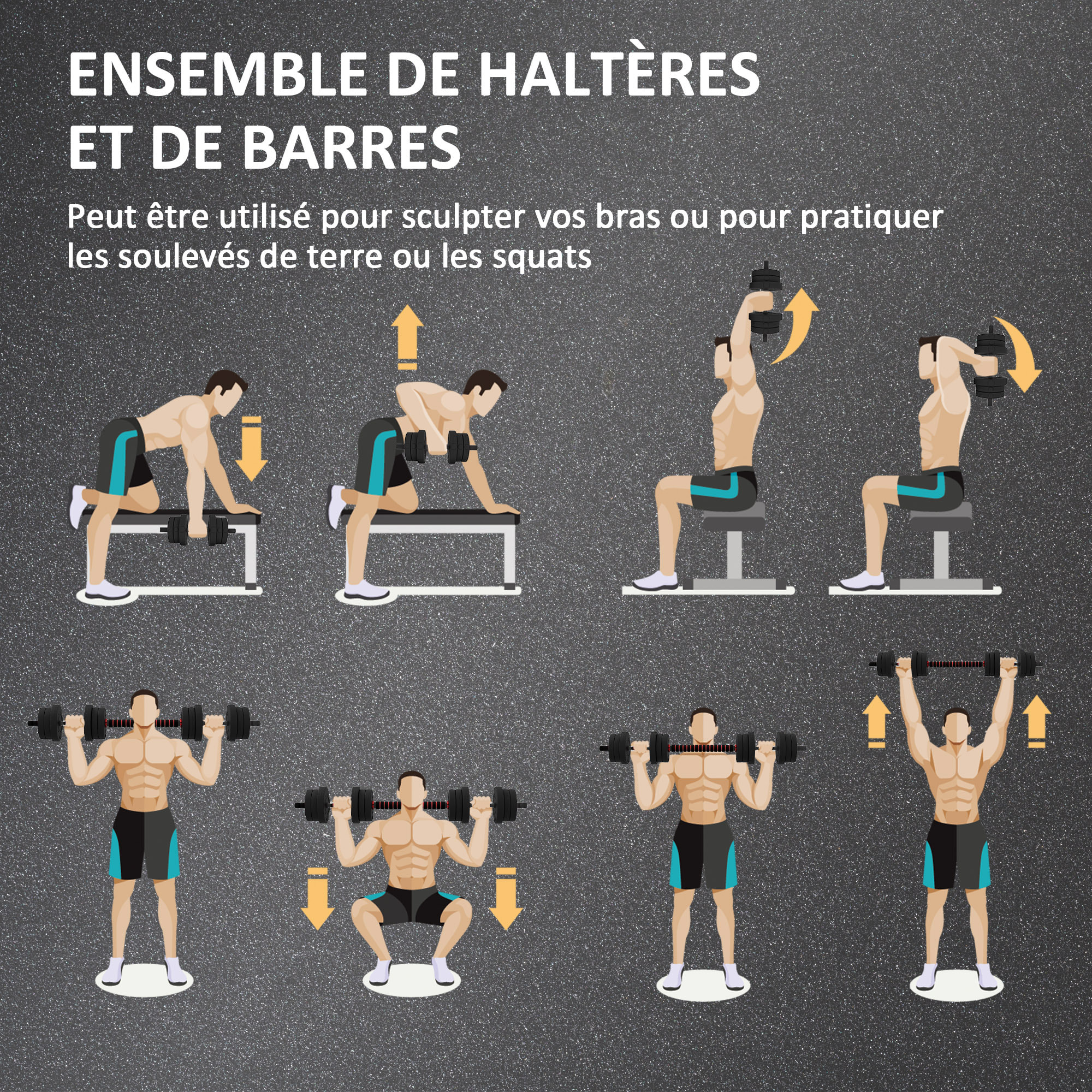 Ensemble d'haltères courtes total 20 Kg - barres incluses - entraînement musculaire & haltérophilie - acier HDPE noir rouge