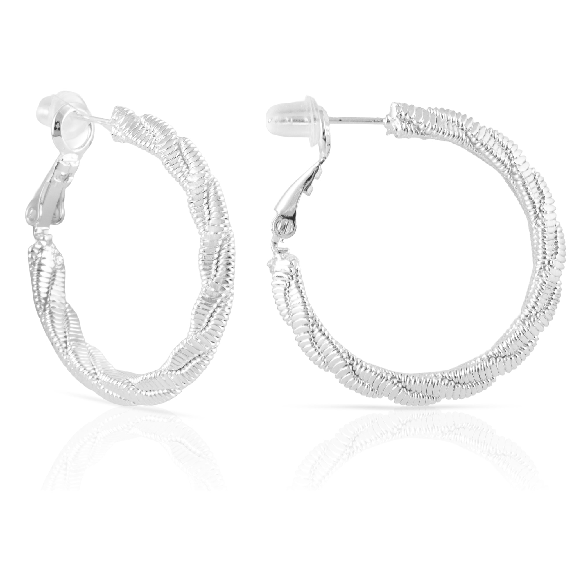 Pendientes de aro trenzado de cobre con recubrimiento electroplateado brillante, 25 mm, con cierre catalán en plata de ley 925.