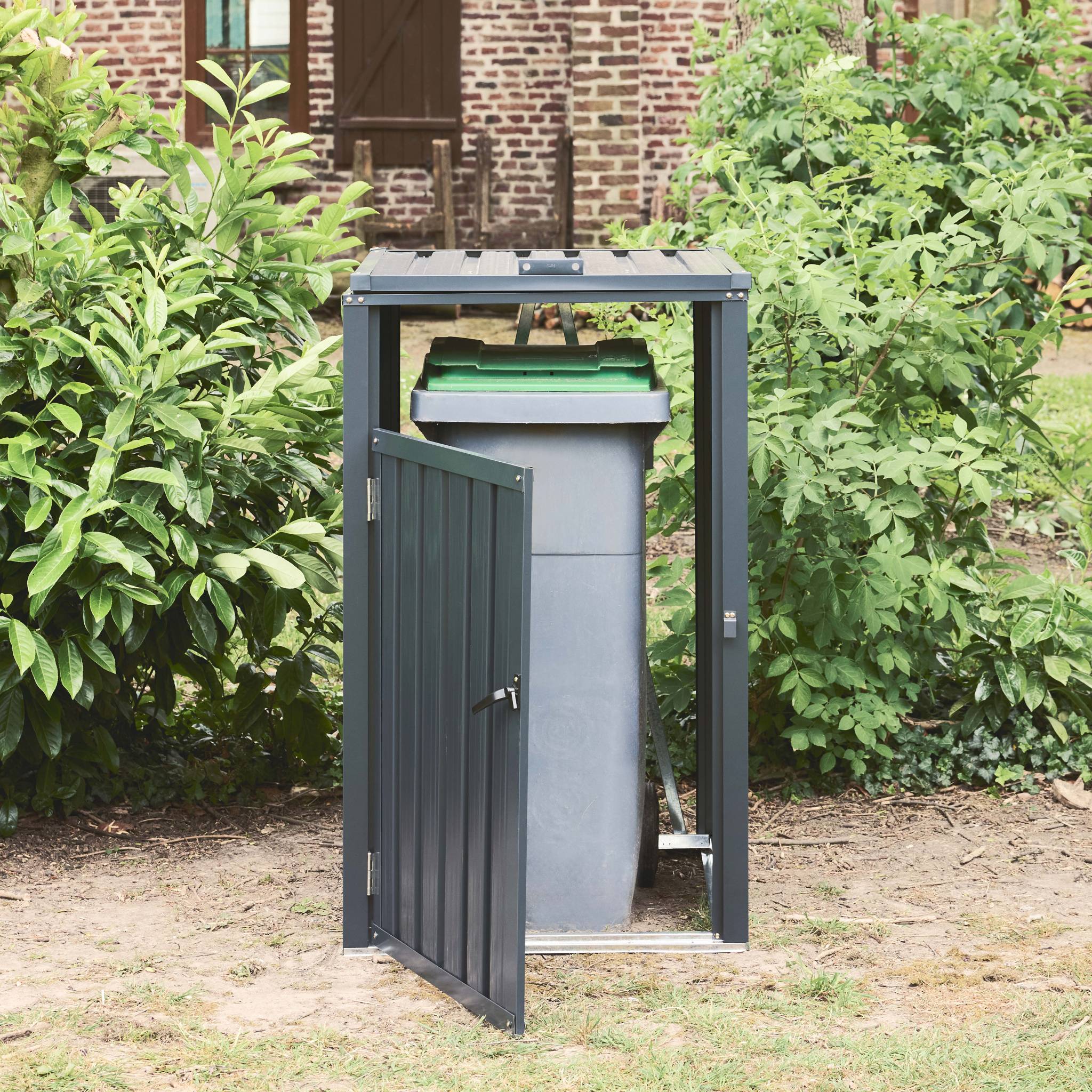 Cache poubelle gris en acier galvanisé. 1 place L 73 x P 82 x H 124 cm