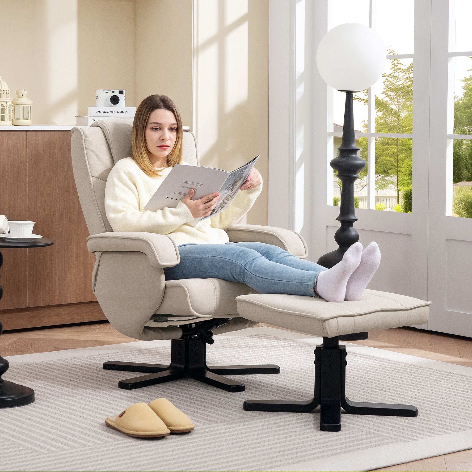 Sillón Relax Reclinable con Reposapiés Butaca de Salón Giratoria Tapizado en Lino con Base de Madera Función Basculante Butaca para Dormitorio Sala de Estar Beige