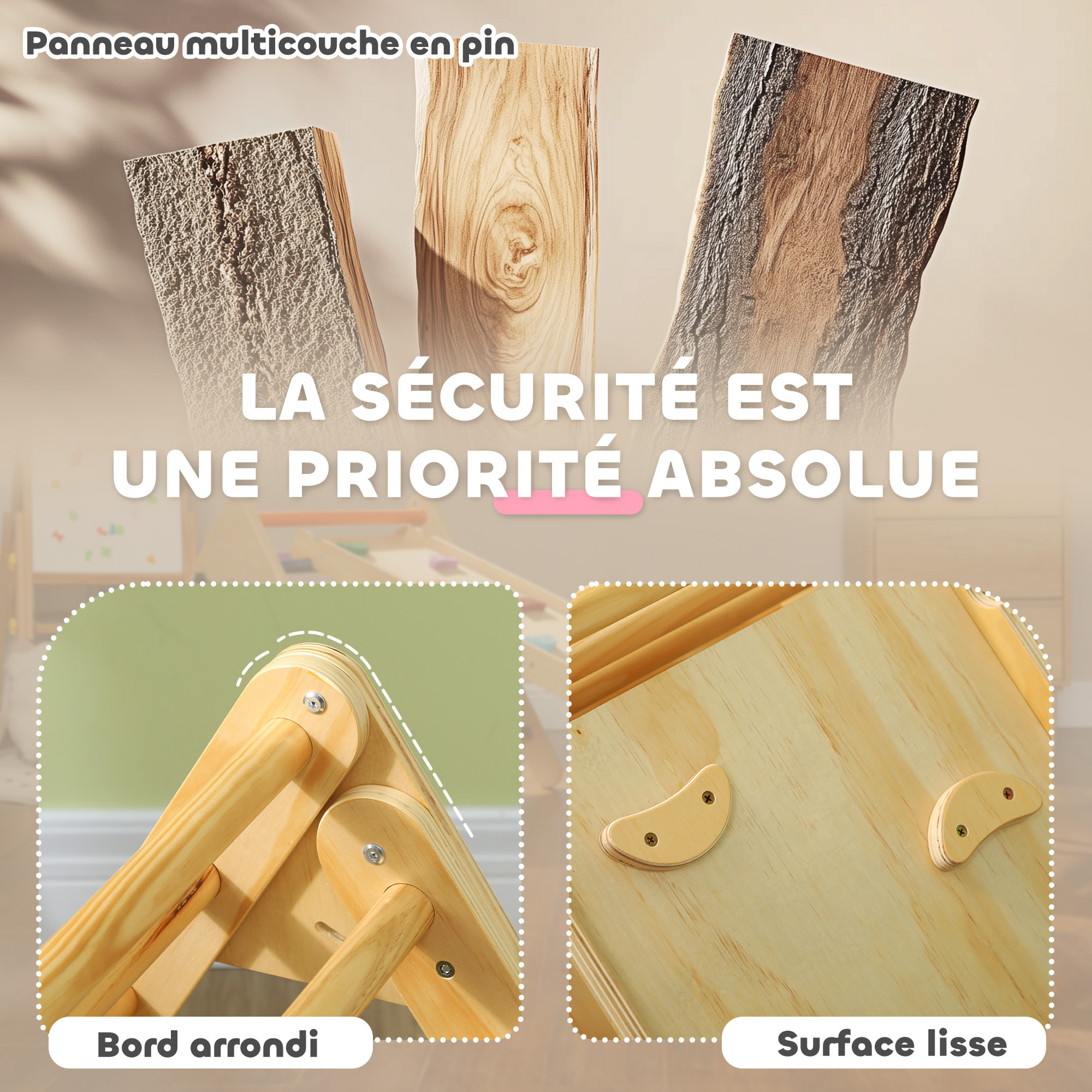 Ensemble d'escalade en bois 3 en 1 - triangle Pikler, toboggan, rampe - panneaux bois pin
