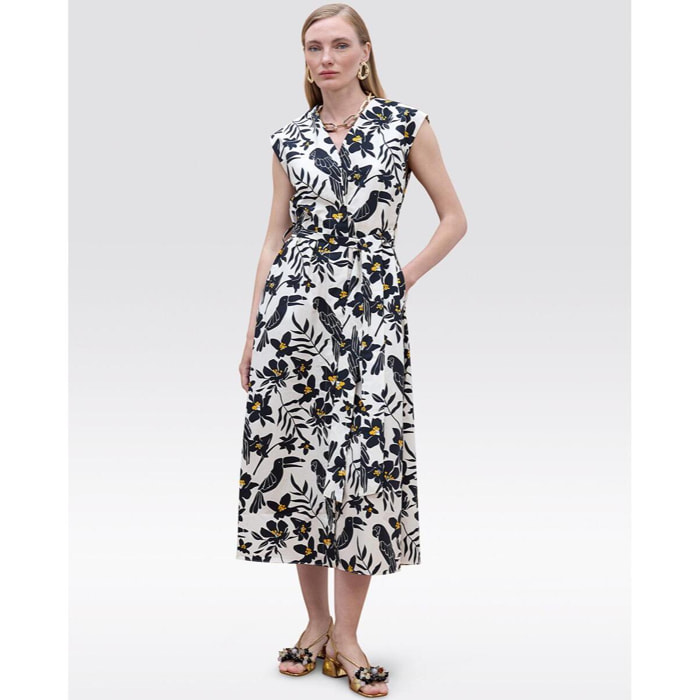 Abito in popeline con stampa a foglie di pappagallo