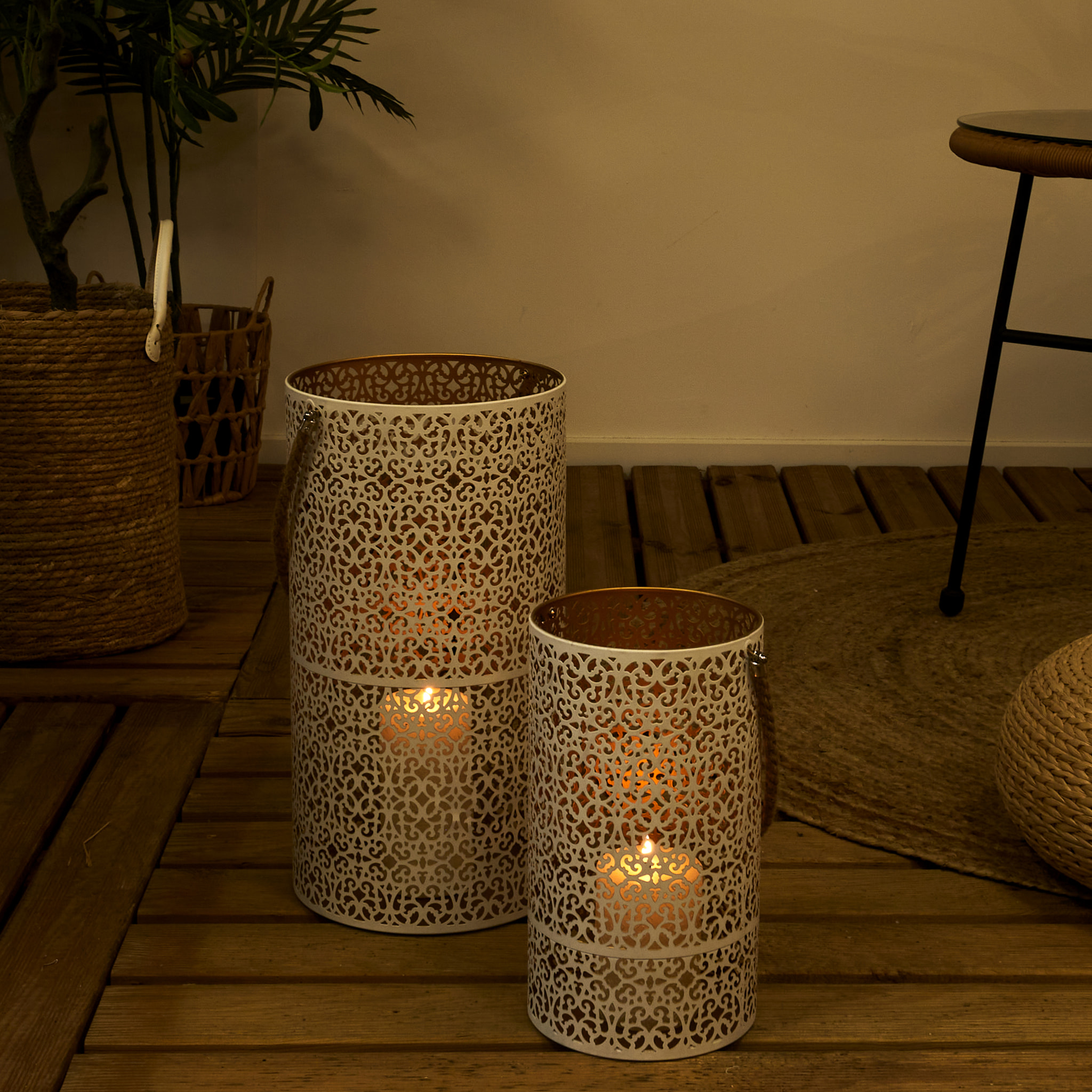 Lanterne Metal Ajoure Blanc Dore