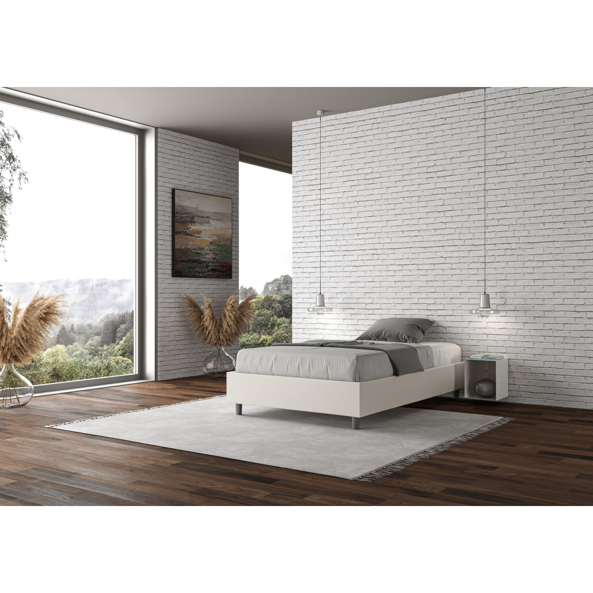 Letto una piazza e mezza con rete imbottito 120x210 similpelle bianco Azelia