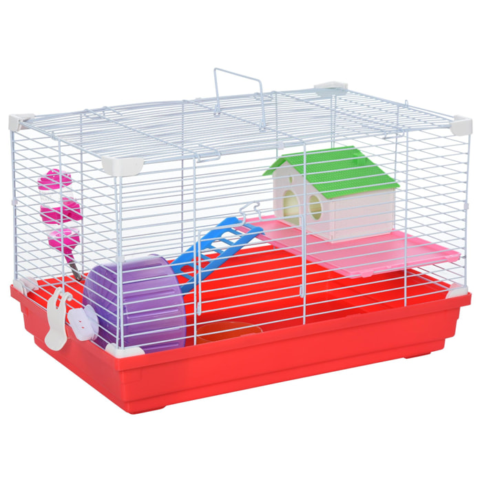 Jaula para Hámster Casa para Hámster 47x30x27 cm con 1 Piso Comedero Bebedero Rampa Rueda de Ejercicio para Animales Pequeños Blanco y Rojo