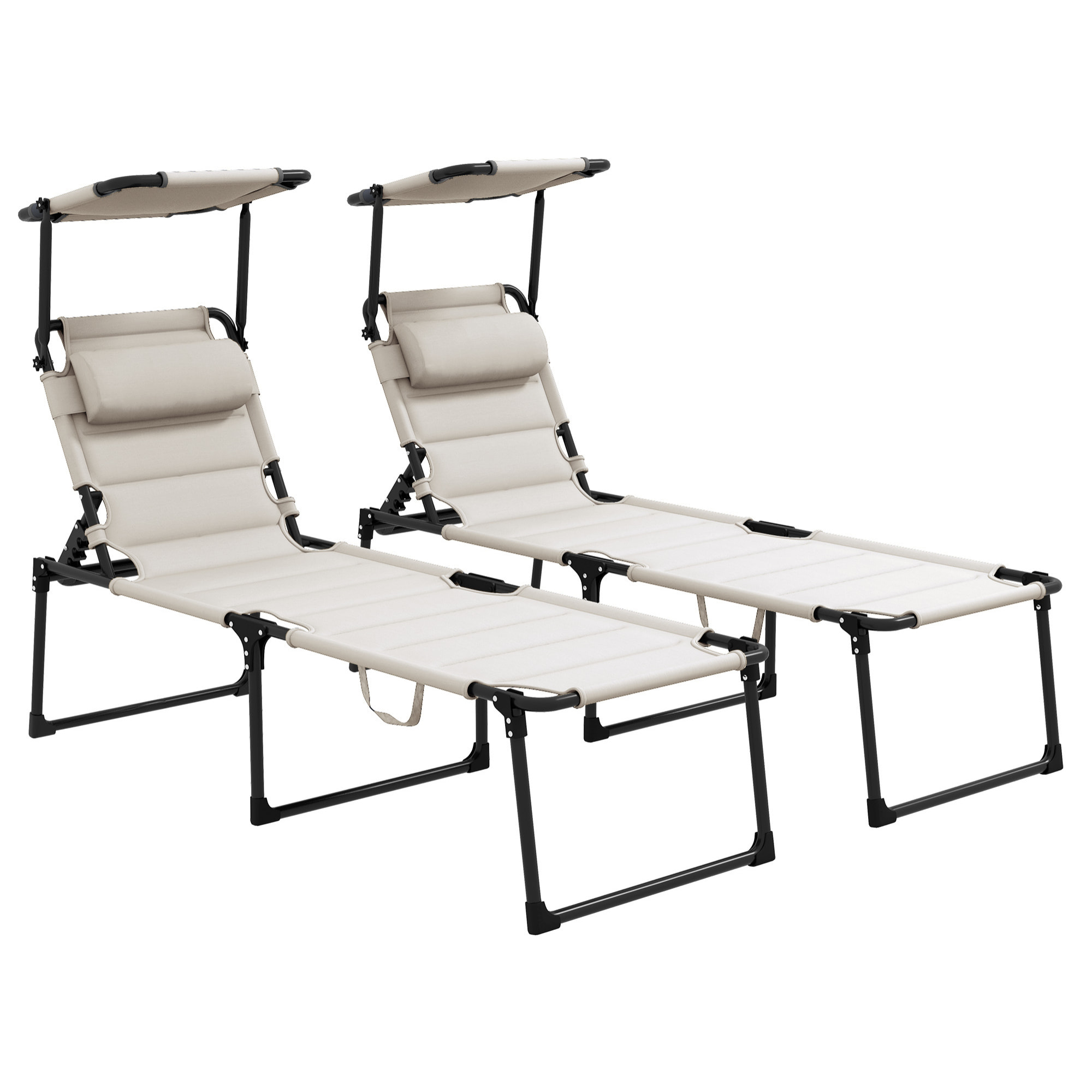 Lot de 2 bains de soleil transats pliables réglables avec pare-soleil blanc cassé