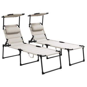 Lot de 2 bains de soleil transats pliables réglables avec pare-soleil blanc cassé