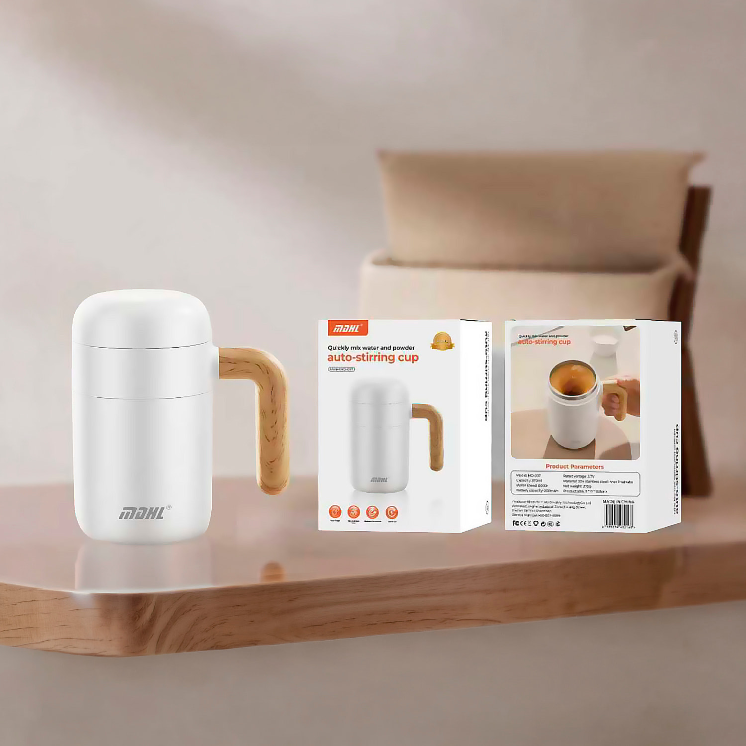 Taza mezcladora MD-057 de 370 ml, interior en acero inoxidable 304 con hélice mezcladora magnética y extraíble.