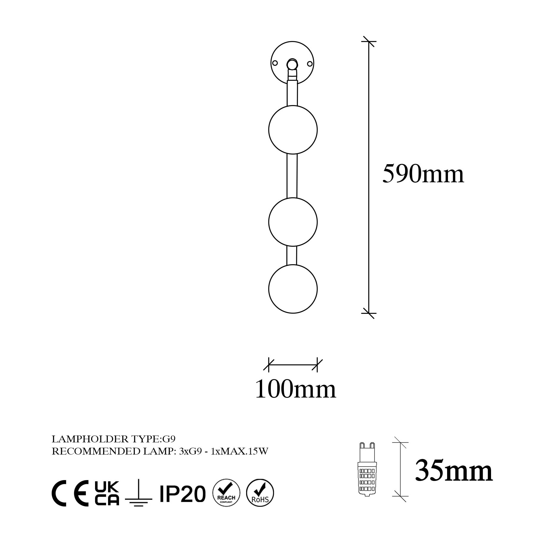 Aplique de pared, metal , negro, 10x24x59, casquillo 3 x G9 Max 10 W
