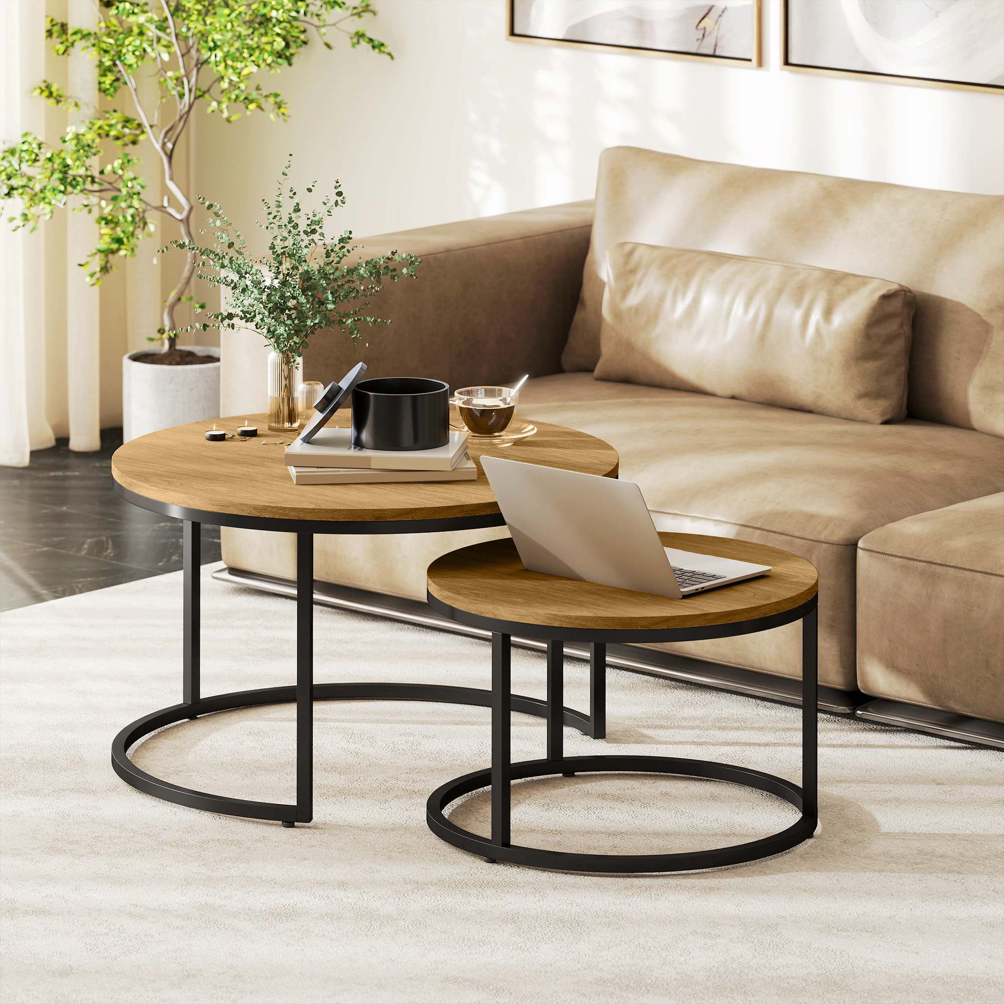 Lot de 2 tables basses rondes gigognes empilables piètement acier plateau effet bois chêne moyen