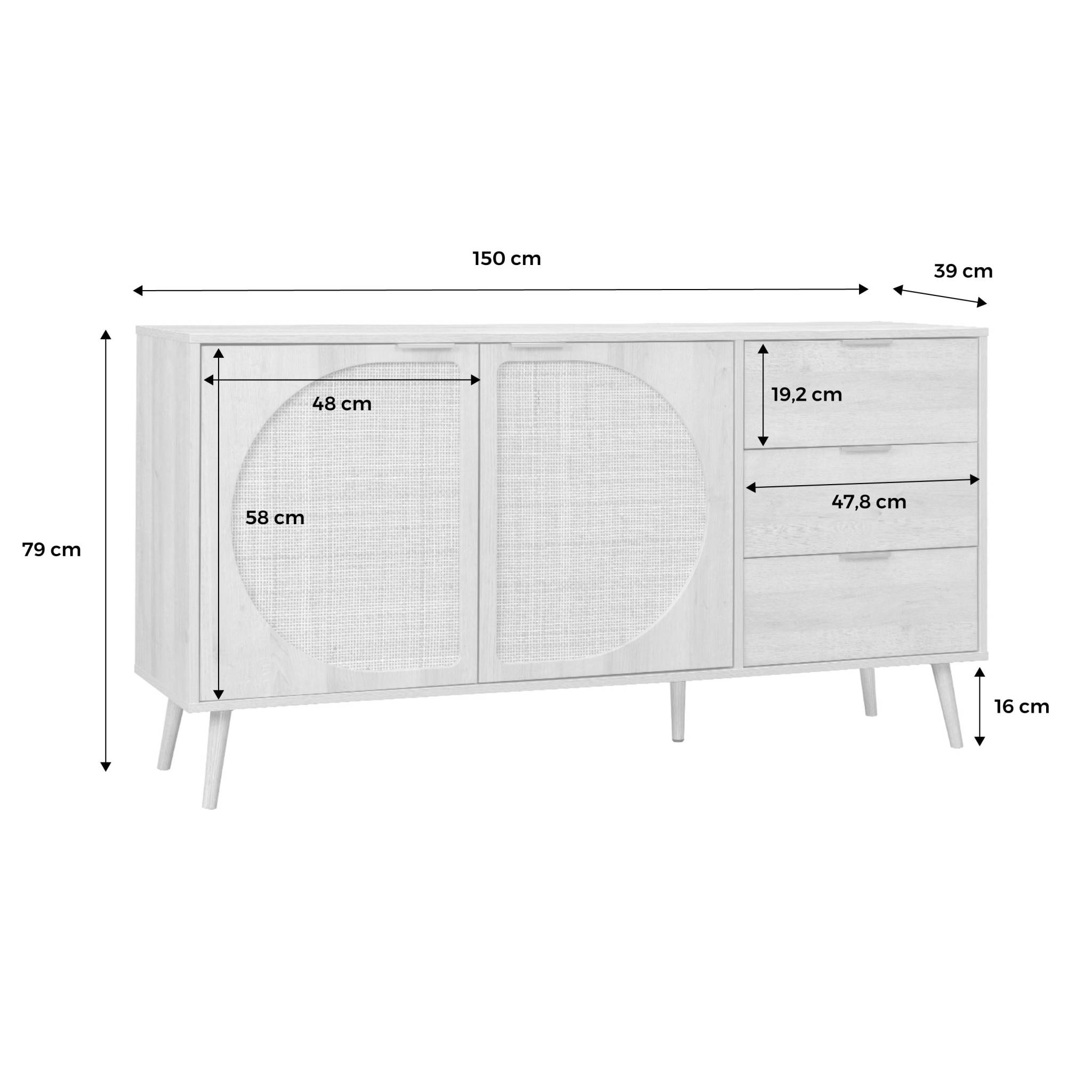 Buffet de rangement. Eva.  décor bois et cannage arrondi. 2 portes 3 tiroirs. buffet bas. L 150 x l 39 x H 79cm