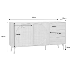 Buffet de rangement. Eva.  décor bois et cannage arrondi. 2 portes 3 tiroirs. buffet bas. L 150 x l 39 x H 79cm