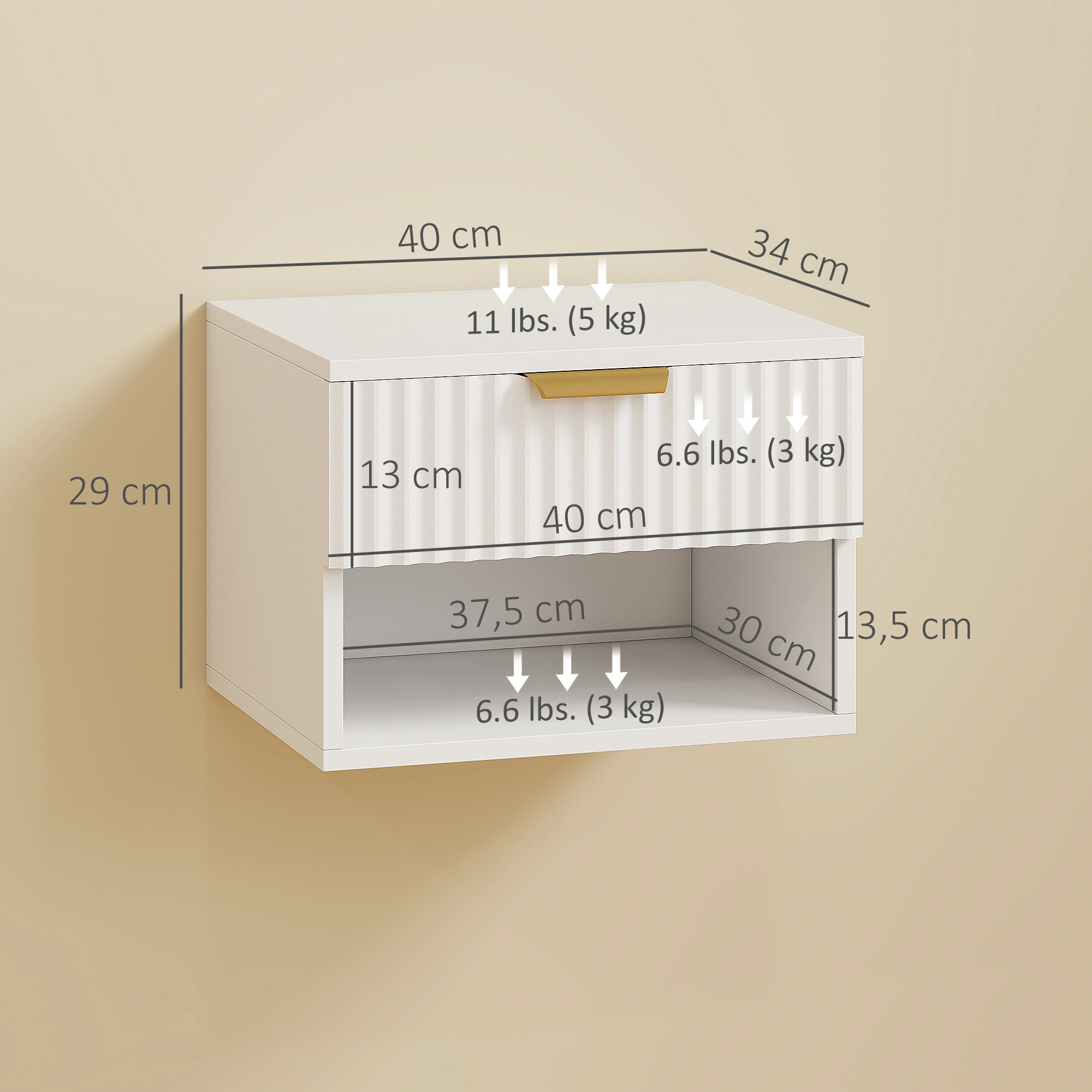 Juego de 2 Mesitas de Noche Flotantes Estrechas, Mesillas de Noche Dormitorio con Cajón con Frente Acanalado y Estante Abierto, para Sala de Estar, 40x34x29 cm, Blanco