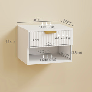 Juego de 2 Mesitas de Noche Flotantes Estrechas, Mesillas de Noche Dormitorio con Cajón con Frente Acanalado y Estante Abierto, para Sala de Estar, 40x34x29 cm, Blanco