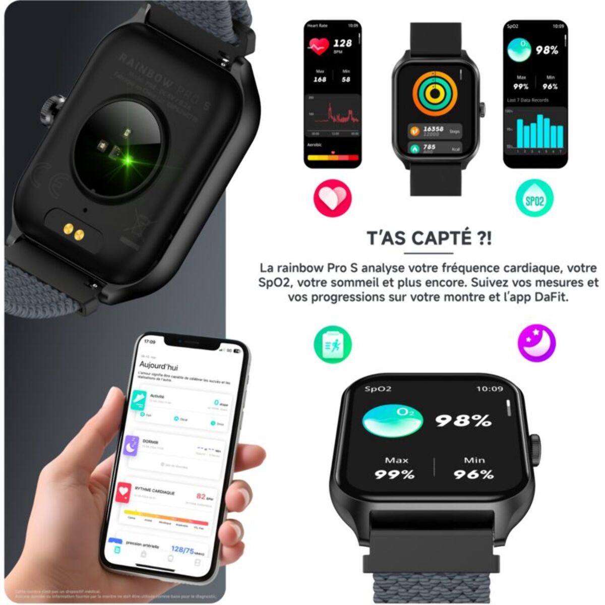 Montre connectée ECHO Rainbow Pro S Noir Silicone + Gris Nylon