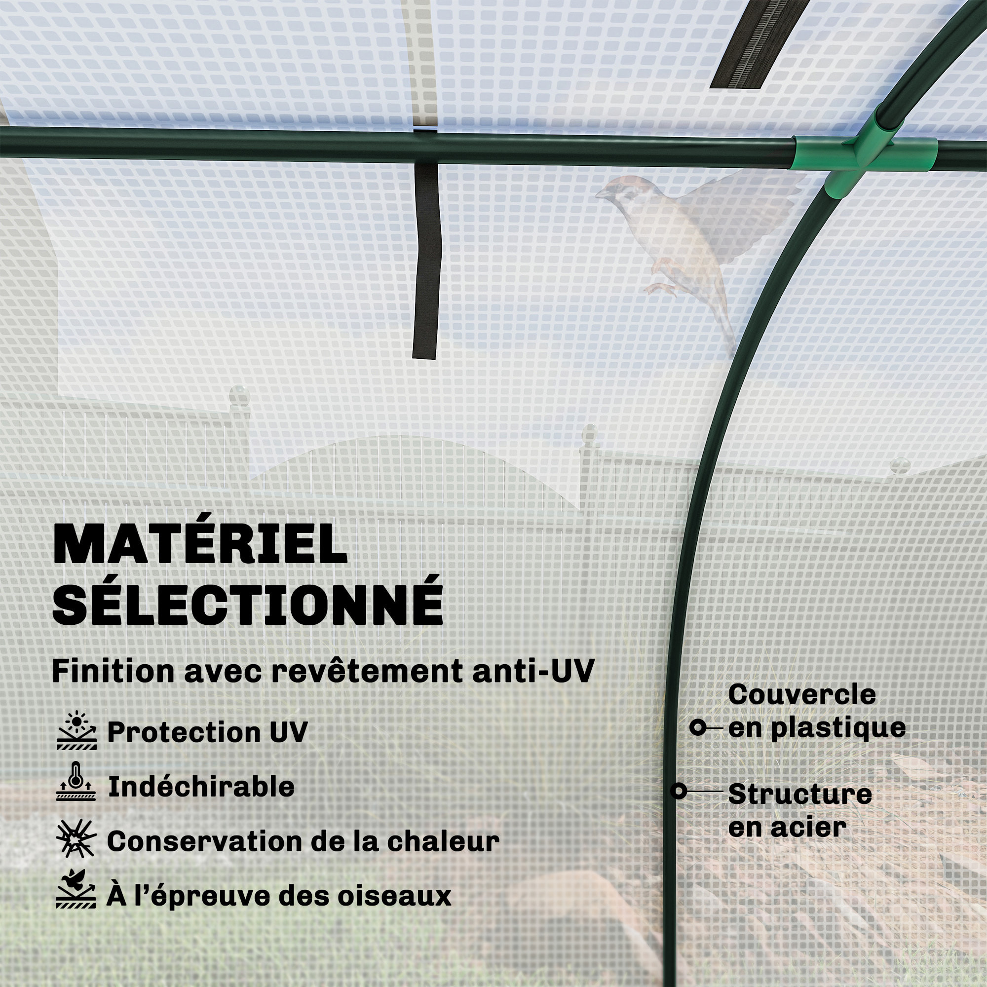 Serre tunnel jardin portes zippées bâche imperméable acier blanc