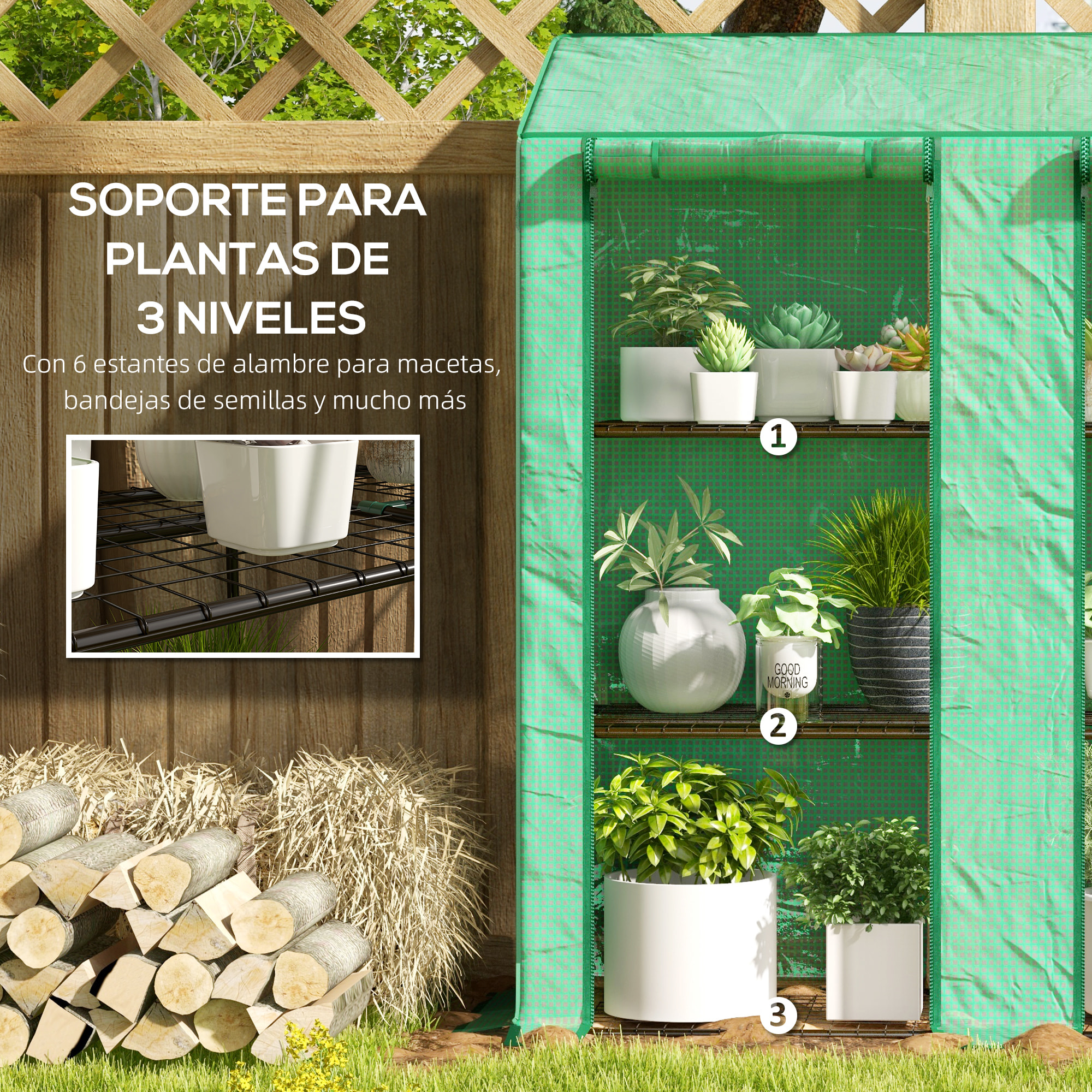 Invernadero de Jardín de 3 Niveles Invernadero de Terraza con Estantes Techo Inclinado y 2 Puertas con Cremallera para Cultivo de Plantas en Patio 143x46x141/151 cm Verde