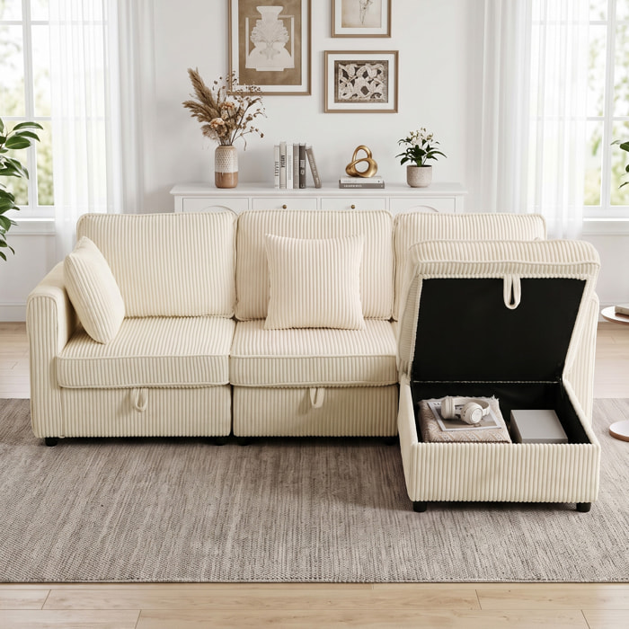HOMCOM Sofá de 3 Plazas Seccional con Almacenaje, 235 cm, Sofá Modular de Pana con Otomana Reversible, en Forma de L, Asiento Ancho y Profundo, 3 Almohadas, Bolsillos Laterales, Crema